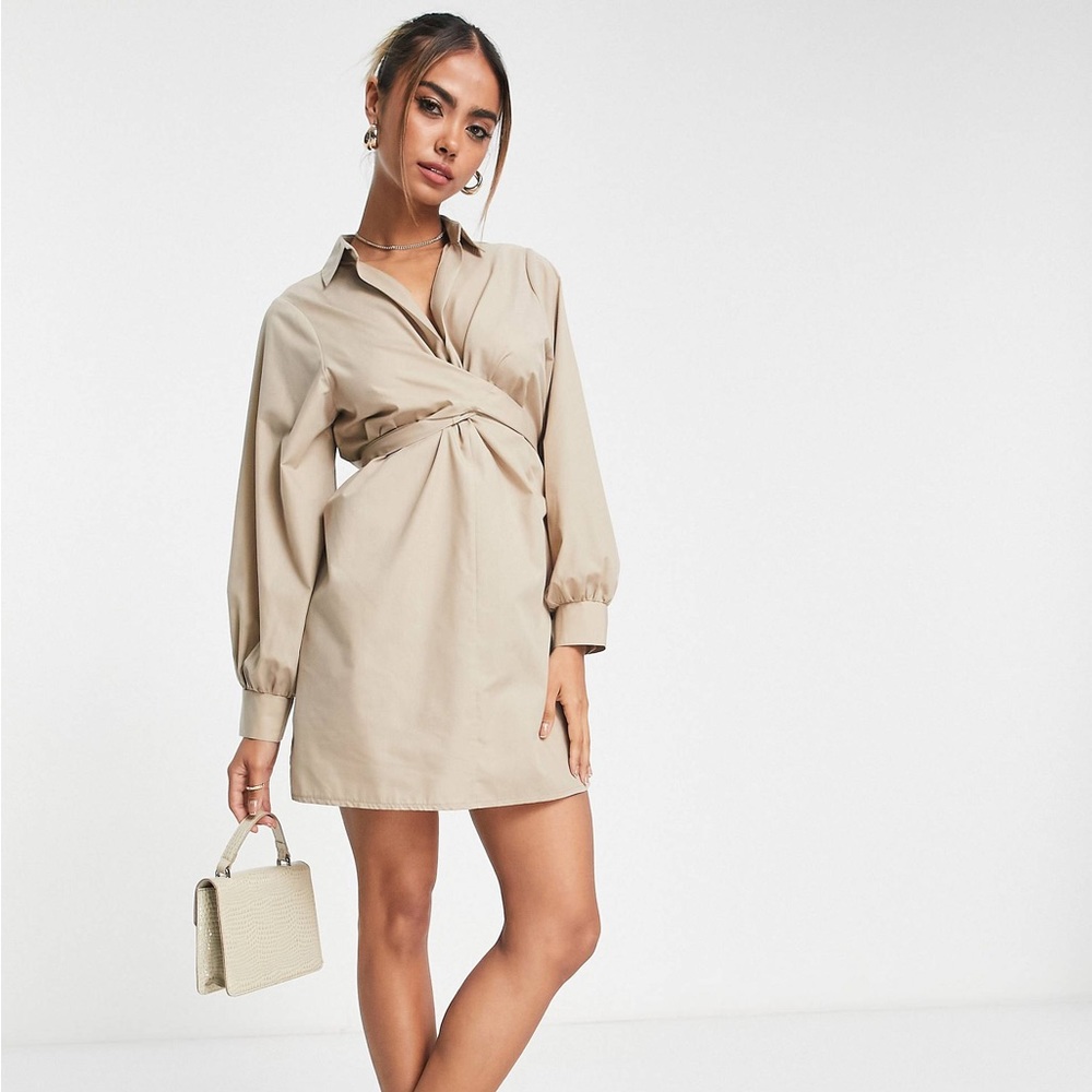 new Miss Selfridge going out twist front shirt dress in fawn